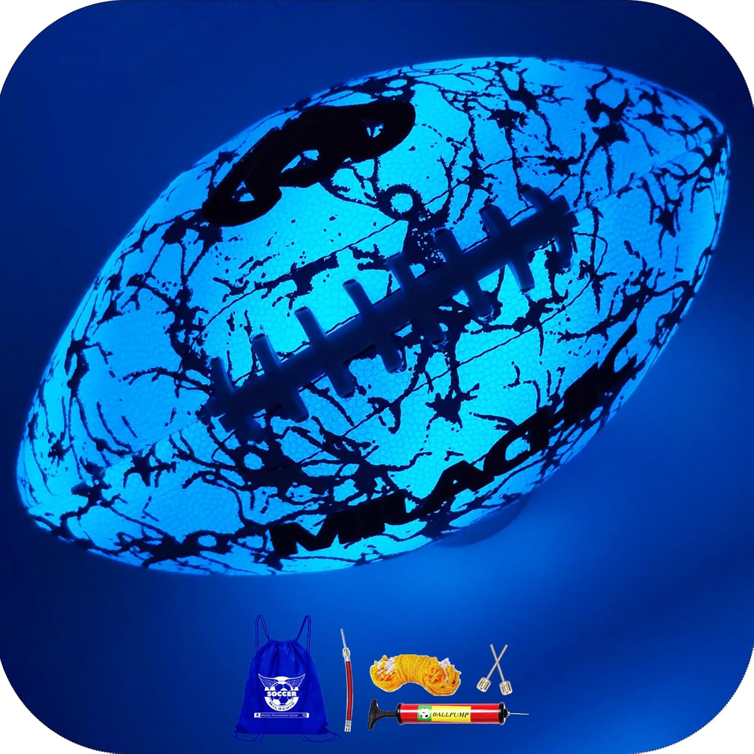 Glow in The Dark Football, Holographic Blue Glowing Leather Football Ball for Men Women Training
