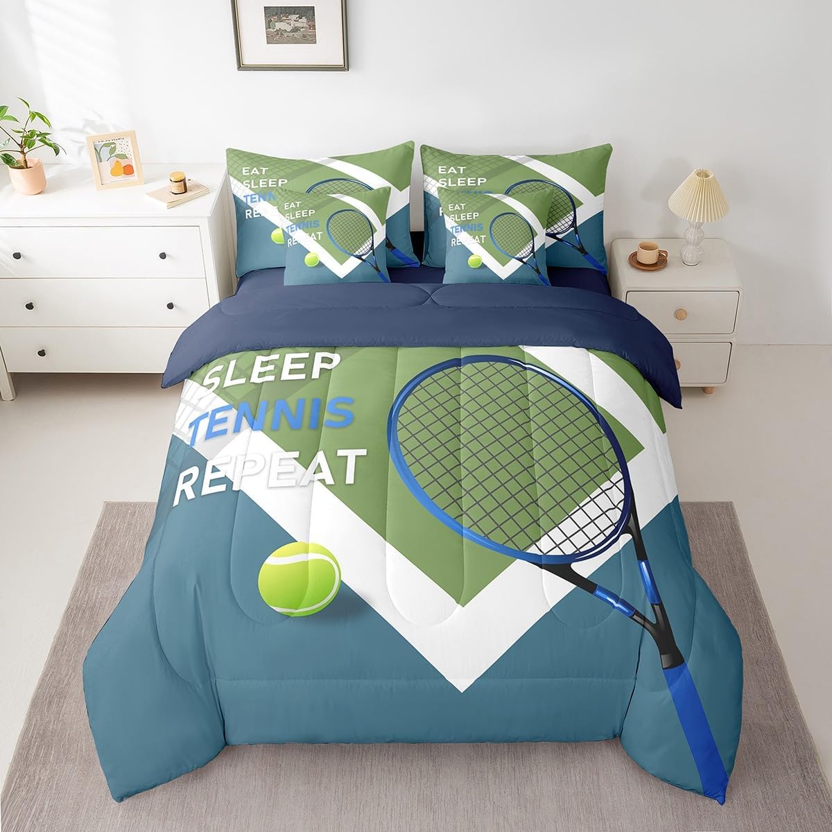 Sports Tennis Comforter Set for Kids Room Decor,Modern Fashion Ball Game Bedding Set Full Size 7 Pcs,Tennis Racket Print Bed in a Bag with Comforter, Sheets, Pillowcases & Cushion Cover