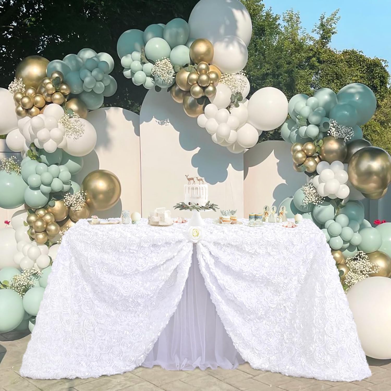 Fanqisi White Table Cloths Rosette Satin Table Cover 90x156 Inches for Baby Shower Wedding Boys Birthday Party Rectangle Table Decoration