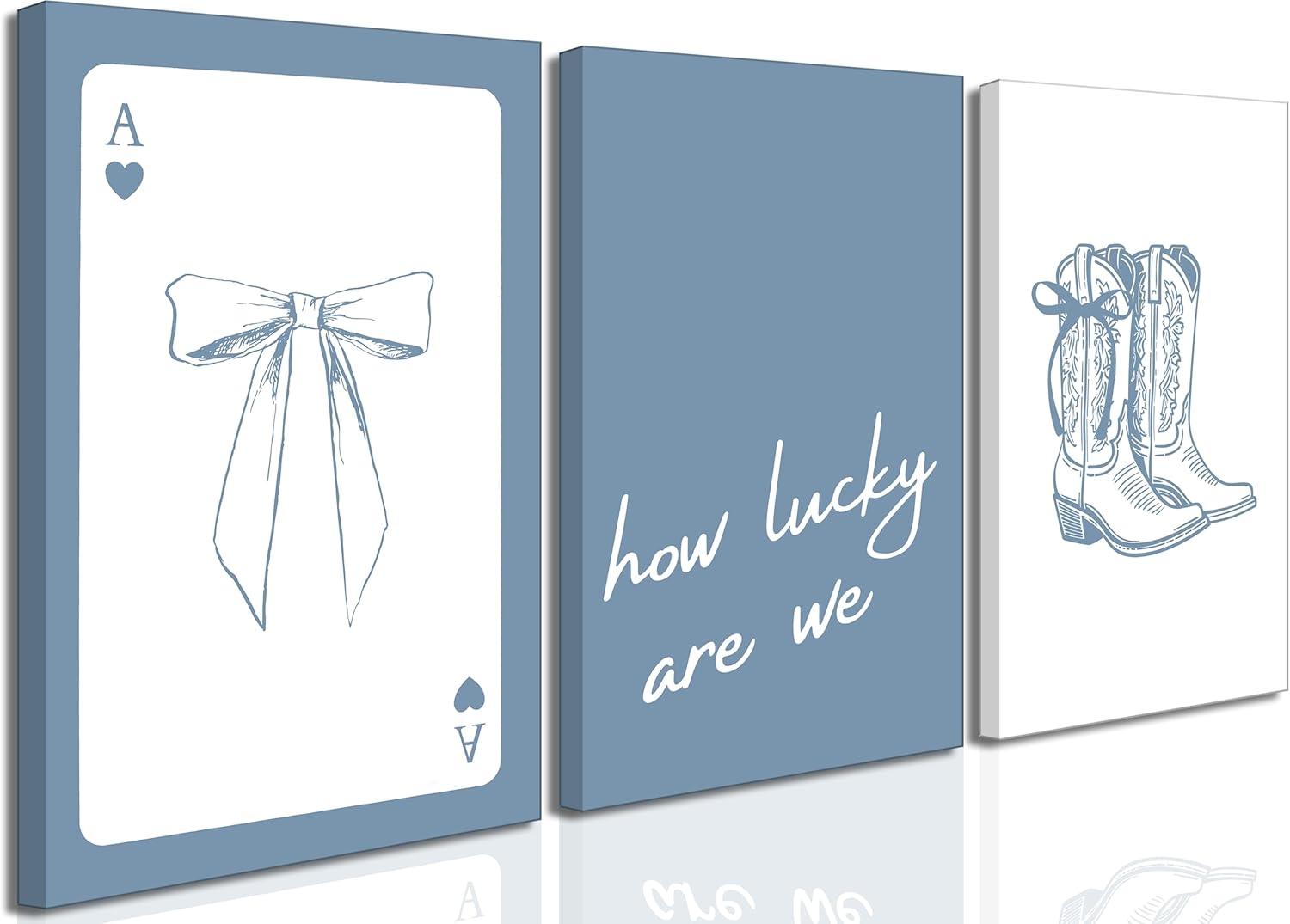 3Pcs Coastal Cowgirl Canvas Wall Art Blue Coquette Bow Boots How Lucky Are We Bundle Playing Cards Pictures Wall Decor Fashionable college style Poster Print Artwork For Girls Room Bedroom Dorm
