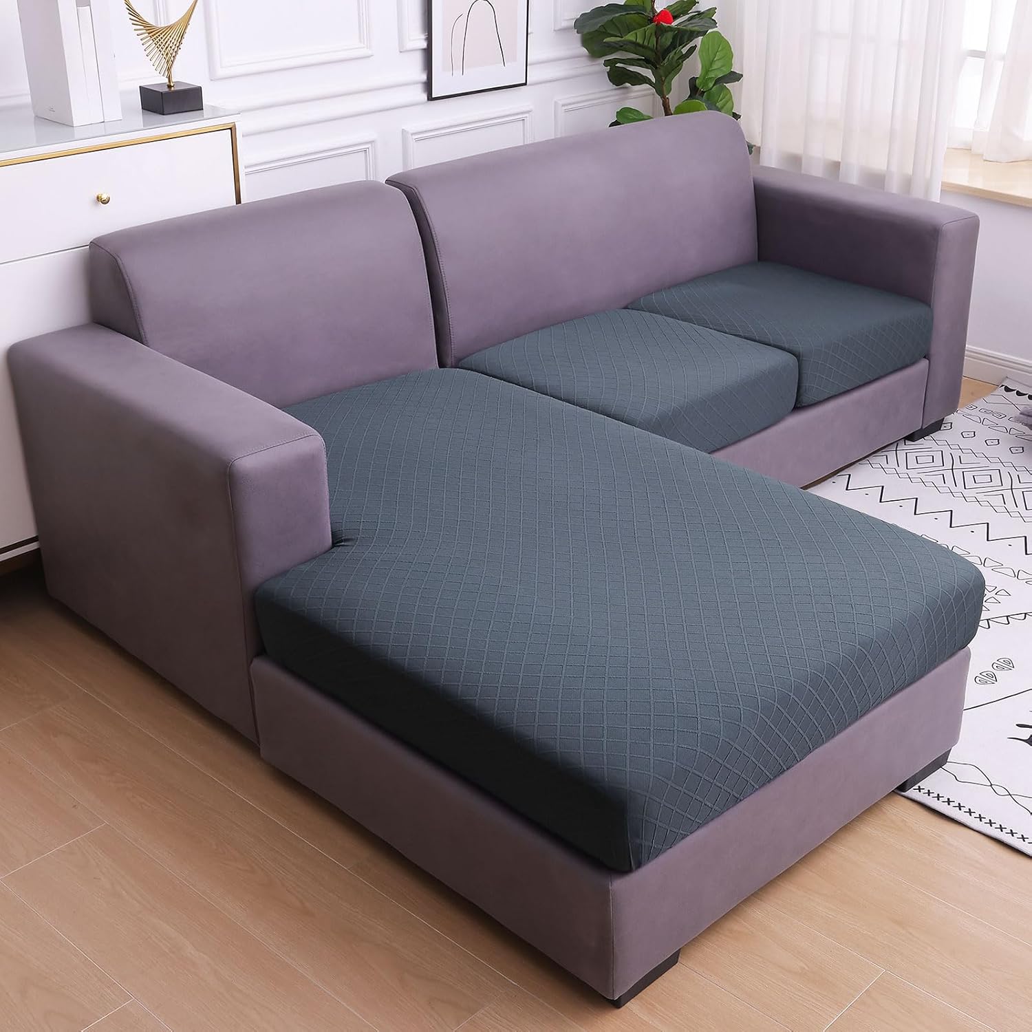 hyha Jacquard Couch Cushion Covers, Chaise Lounge Sofa Slipcovers Washable, Diamond Lattice, L Shape Couch Cushion Covers for Sectional Sofa (1 Piece for Chaise, Grey)