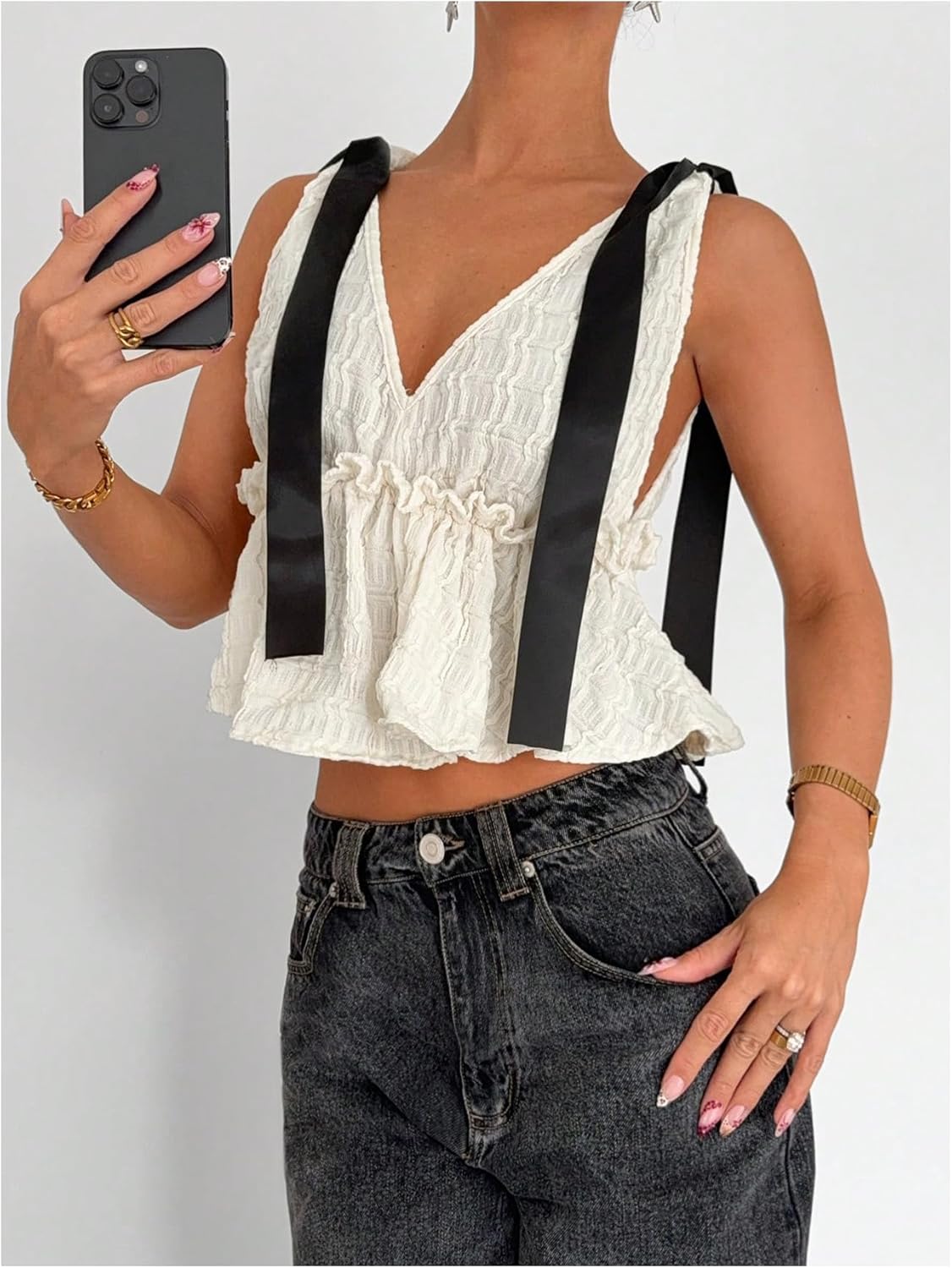 MakeMeChic Women's Bow Strap Deep V Neck Ruffle Hem Crop Top Cami Tank Top Sleeveless Textured Blouse - Image 3