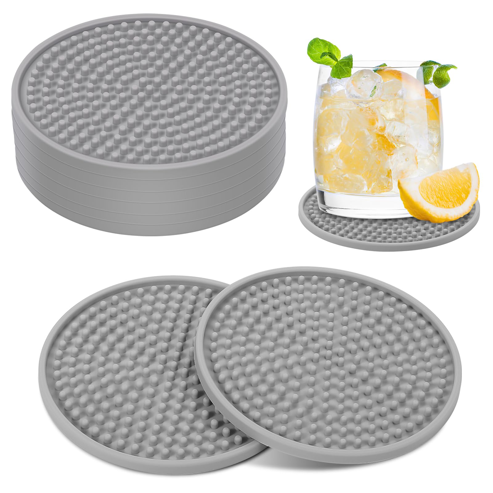 8 PCS Grey Coasters, Silicone Thick Design(0.2inch) Round Mugs Coasters Set of 8 for Drinks, Raised Anti-Skid Design Coffee Pads Beer Bar Mat, 10 * 10 * 0.5cm