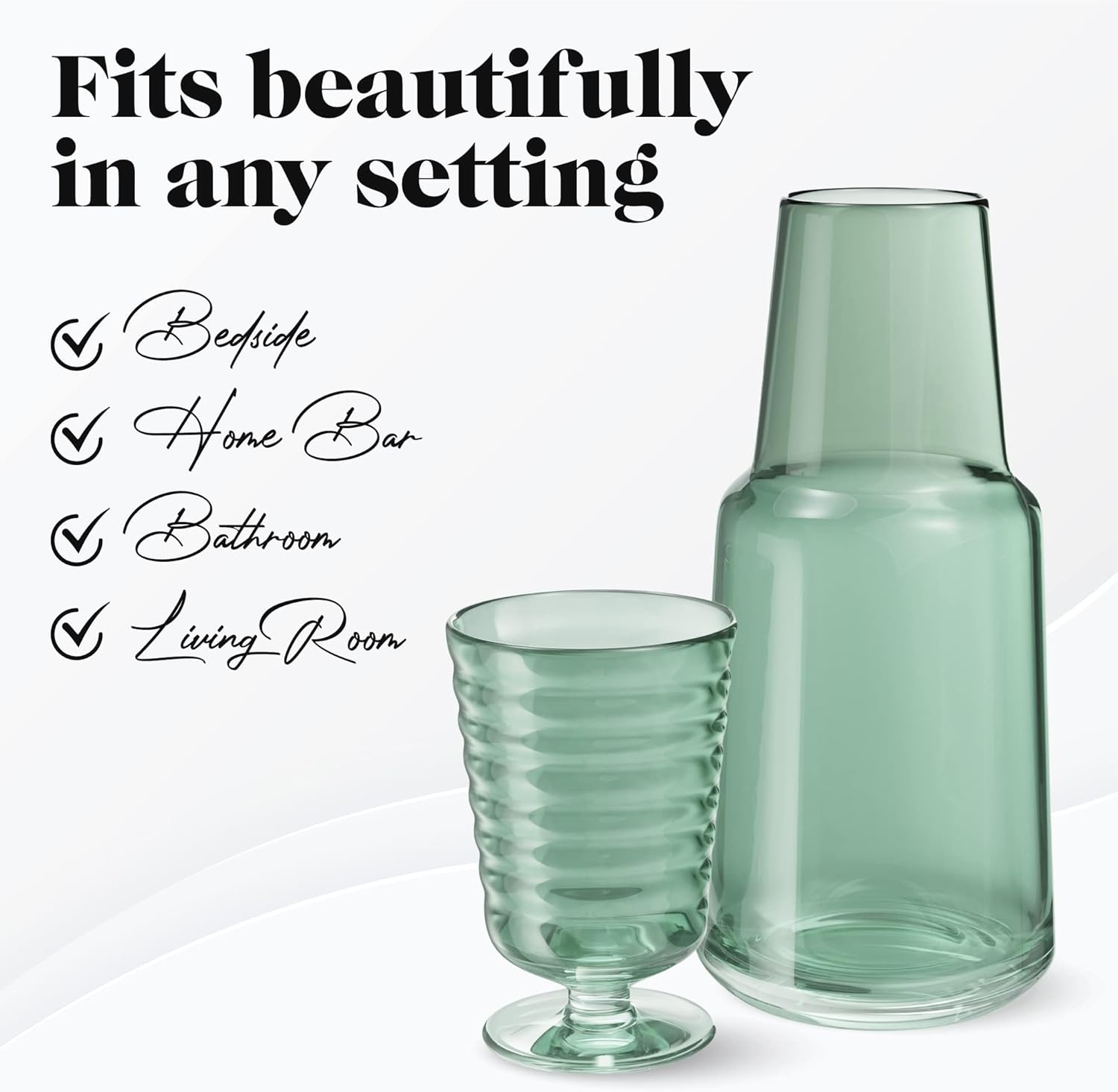 American Atelier Bedside Water Carafe with Tumbler | Pitcher and Footed Drinking Glass | Use Cup as Lid for Carafe | For Guest Room, Nightstand, Office, or Gift | American Atelier 32 Oz (Green)