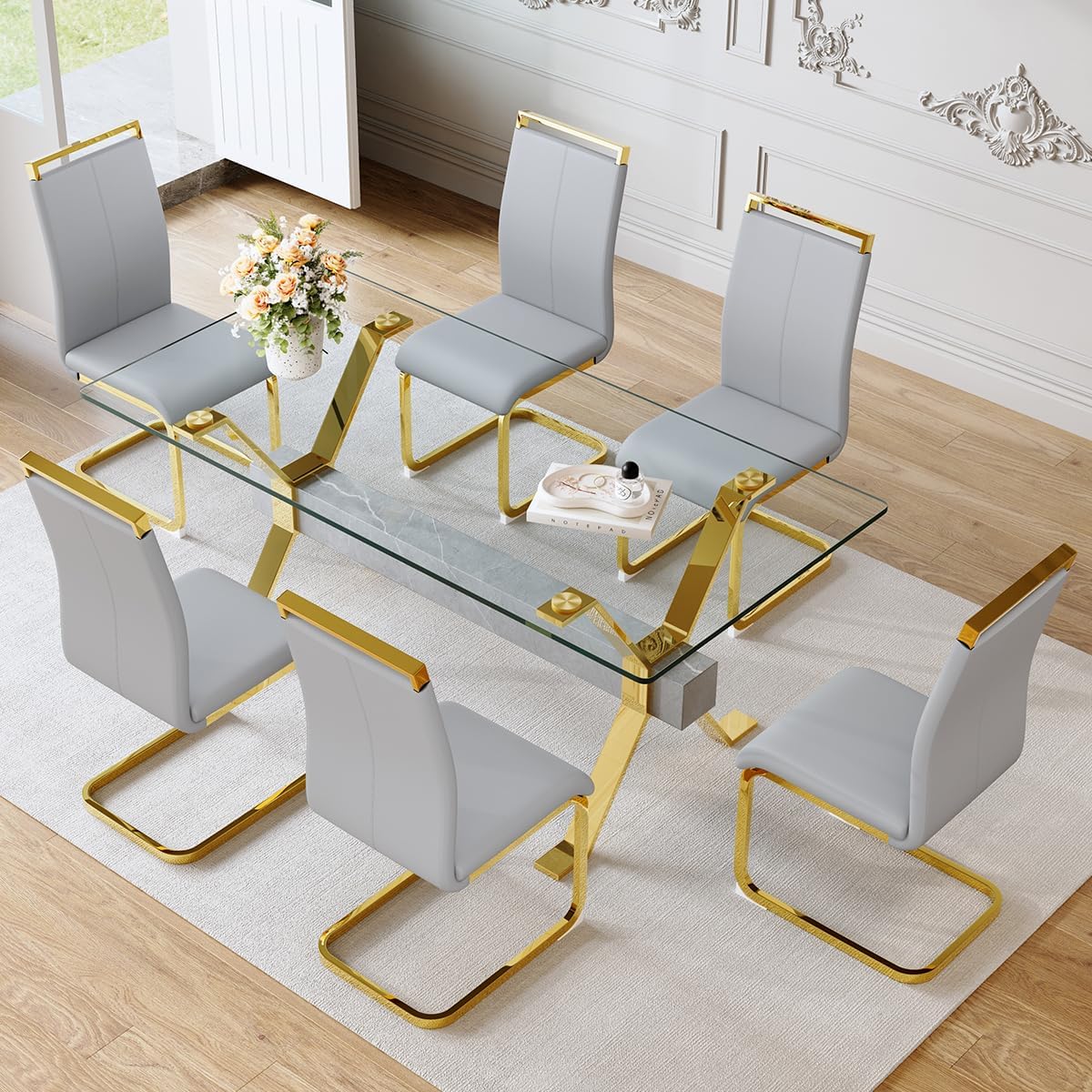 71″ Glass Dining Table Set for 6｜Modern Dining Table Set