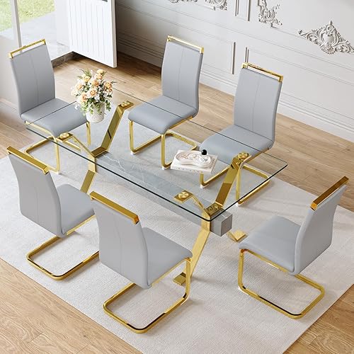 Miniatura 38 de Juego de mesa de comedor de cristal de 71 pulgadas para 6 personas | Juego de mesa de comedor moderno para 6 con sillas de piel sintética | Mesa de