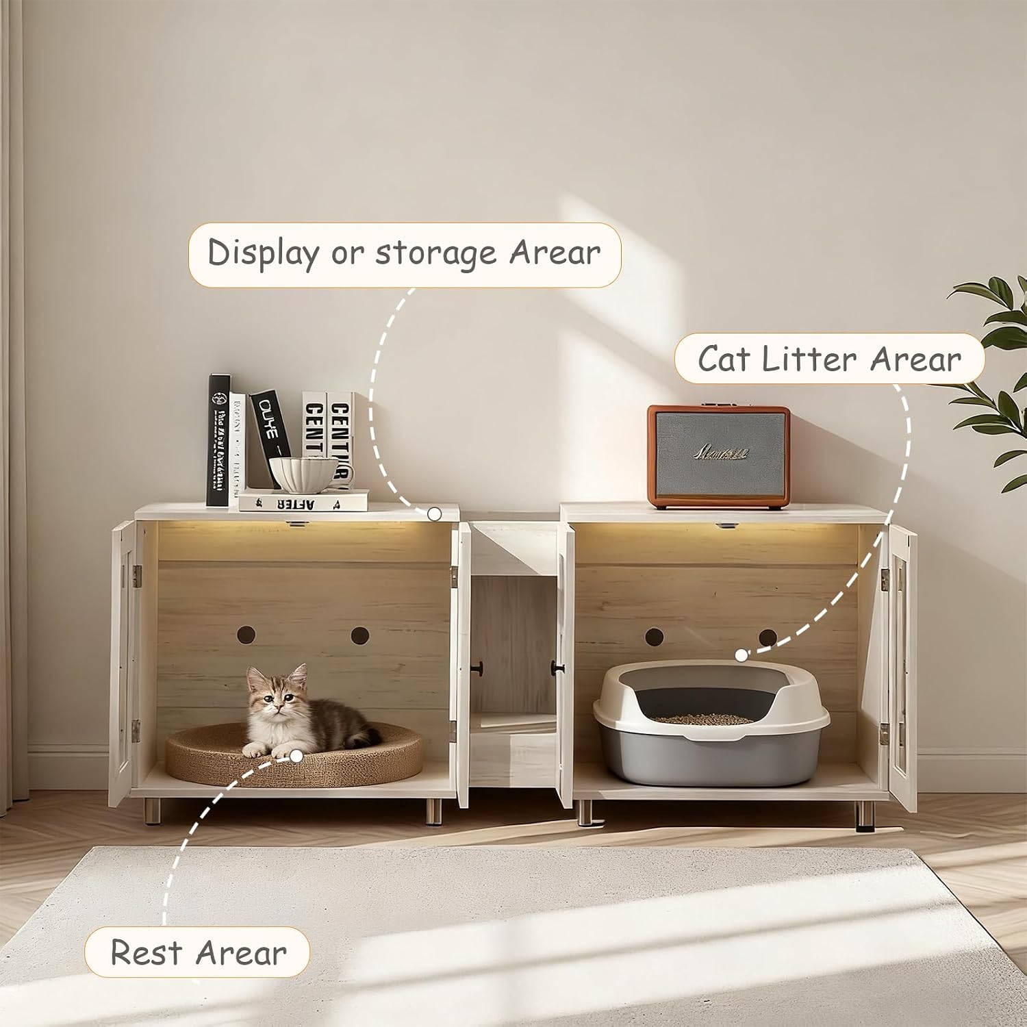 Double Cat Litter Box Enclosure for 2 Cats, Modern Double Litter Furniture with 7-Color LED & Built-in Power Outlet, Large Cozy Cat Space, 4 Glass Doors for Clear Viewing (White)