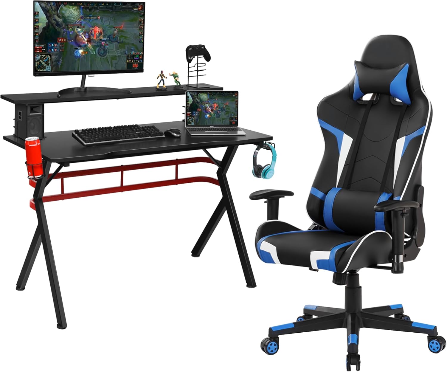Tangkula Gaming Desk and Chair Set, Ergonomic Gamer Desk & Racing Chair Set Cup Holder, Headphone Hook, Handle Rack & Monitor Stand, Massage & Headrest, Home Office Computer (Blue)