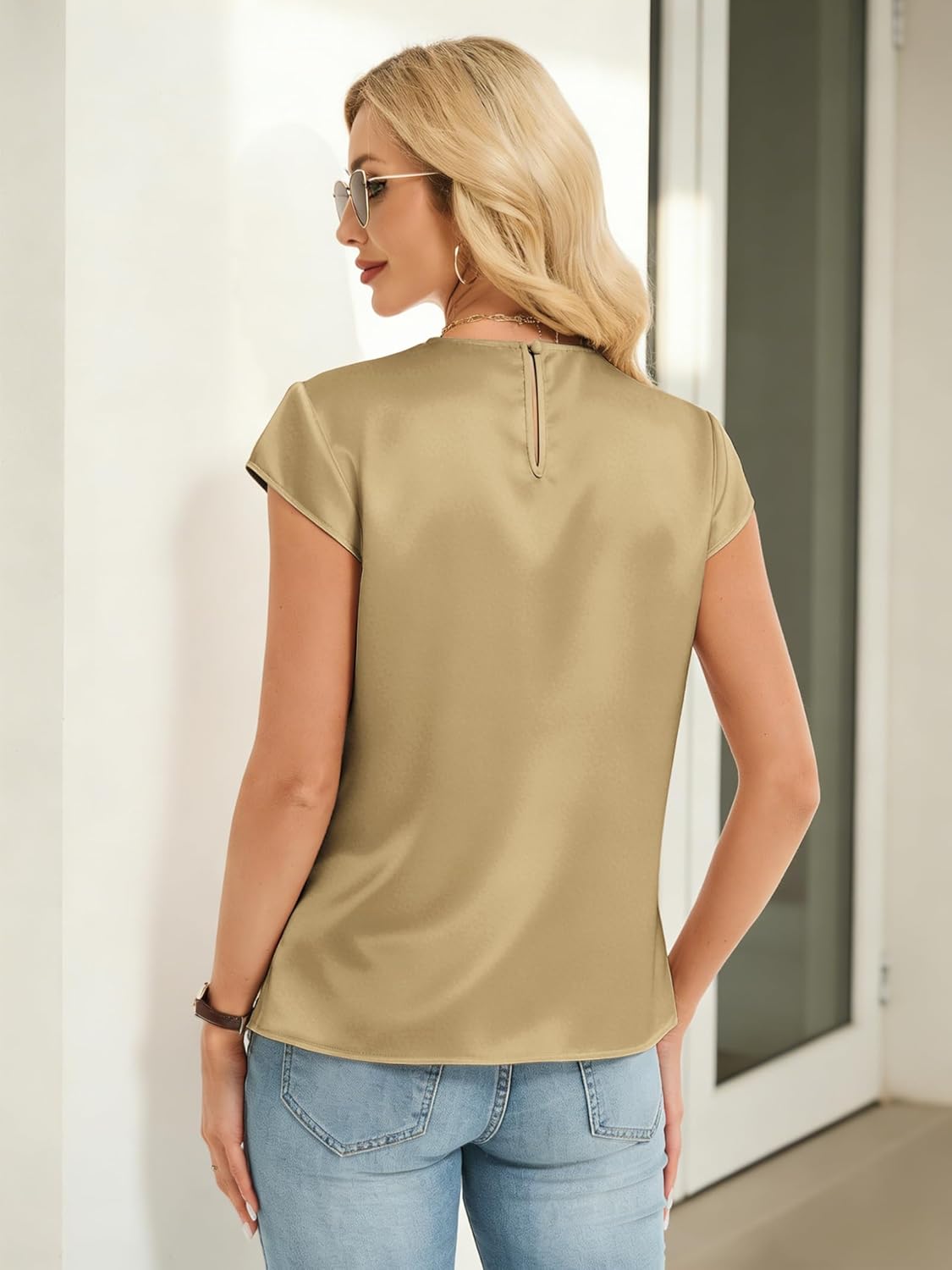 Funlingo Women's Silk Satin Blouse Summer Dressy Casual Cap Short Sleeve Tops Crew Neck Front Pleated Work Shirts - Image 4