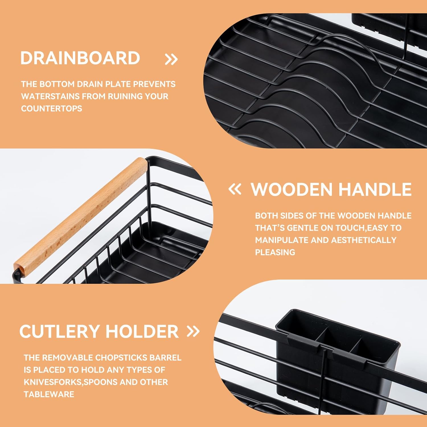 BRIAN & DANY Dish Drying Rack, Dish Racks for Kitchen Counter, Stainless Steel Dish Drainer with Removable Cutlery Holder & Drainboard, Black