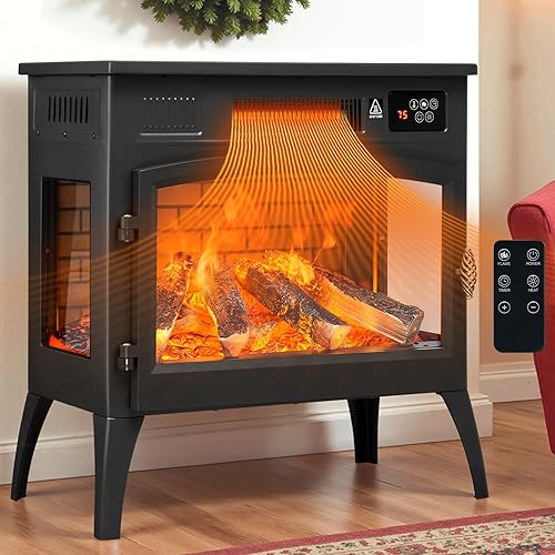 24'' Freestanding Electric Fireplace Heater with 6 Variable Realistic Flame Colors, 1000W/1500W Fireplace Stove with Overheat Protection for Indoor, Bedroom, Living Room, Office