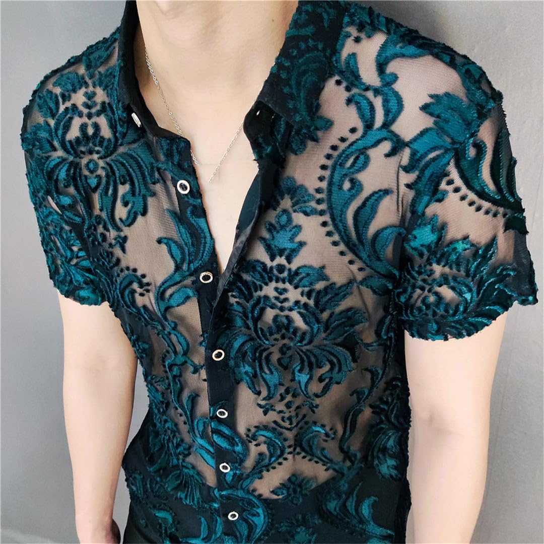 Yeuyyben Camicia A Fiori Trasparente Camicia Nera A Maniche Corte in Morbido Pile Abbigliamento da Uomo Slim-Fit Camicia Sexy A Maniche Corte Trasparente