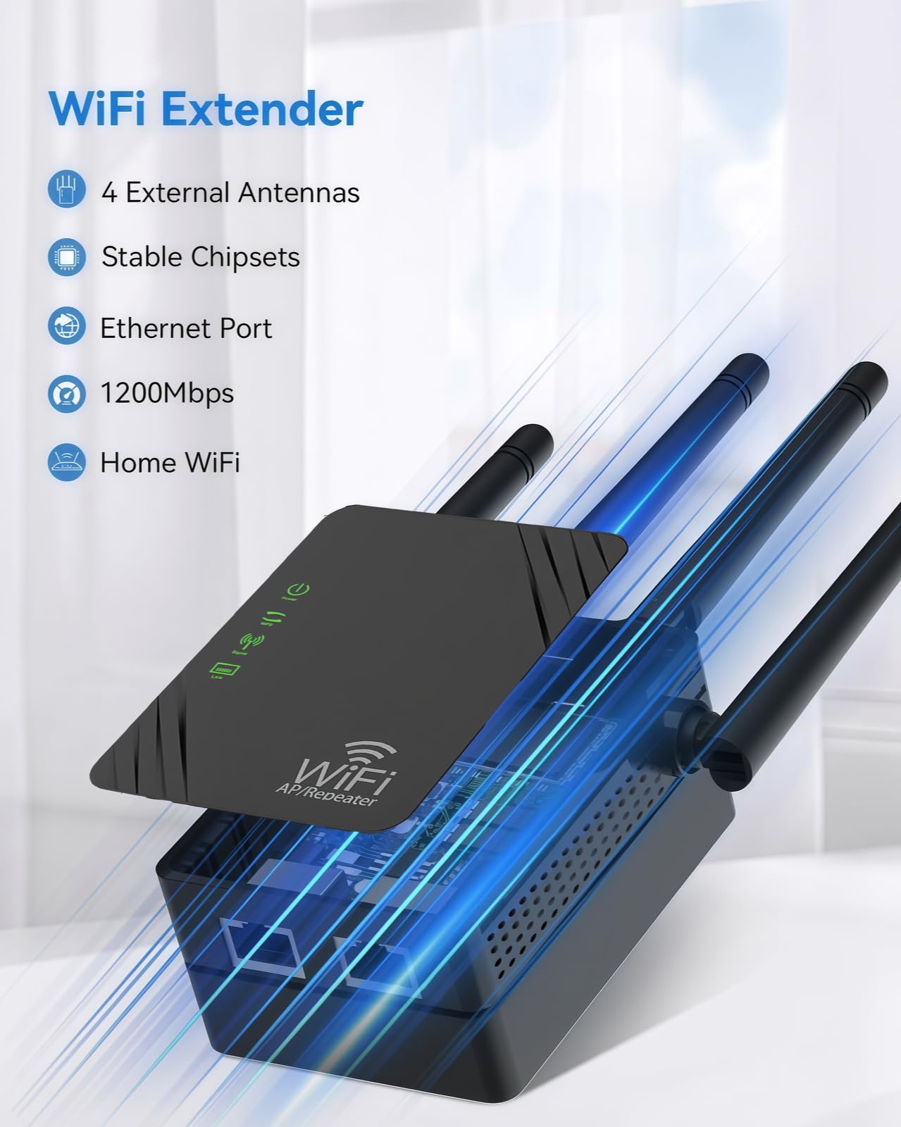 AILKIN Amplificatore WiFi a Doppia Banda 5GHz/2.4GHz, Amplificatore WiFi, Amplificatore segnale Wi-Fi Extender, Copre 12880 Sq.ft, Supporta 105 dispositivi, Amplificatore segnale wireless per casa