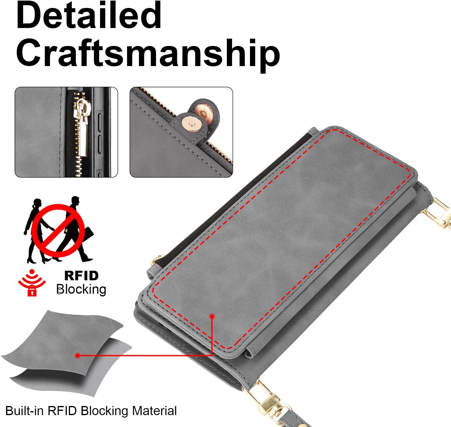 ELESNOW Wallet Samsung Galaxy S24 Ultra Case for Women Men, PU Leather with Card Holder [RFID Blocking] Wrist Strap Crossbody Zipper Stand Magnetic Flip Phone Case Cover for Samsung S24 Ultra, Gray