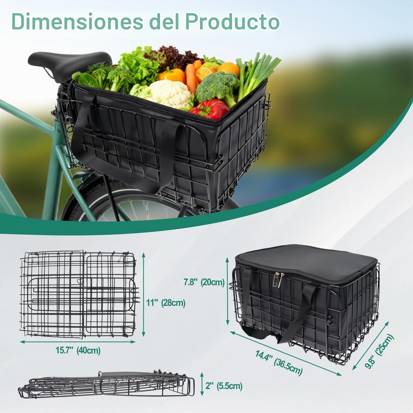 Cesta Trasera Bicicleta de Metal con Bolsillo Interior, Cesta Portaequipajes Universal para Compra Viaje Transporte de Mascotas y Alimentos, Compatible con Bicicletas y Bicicletas Eléctricas