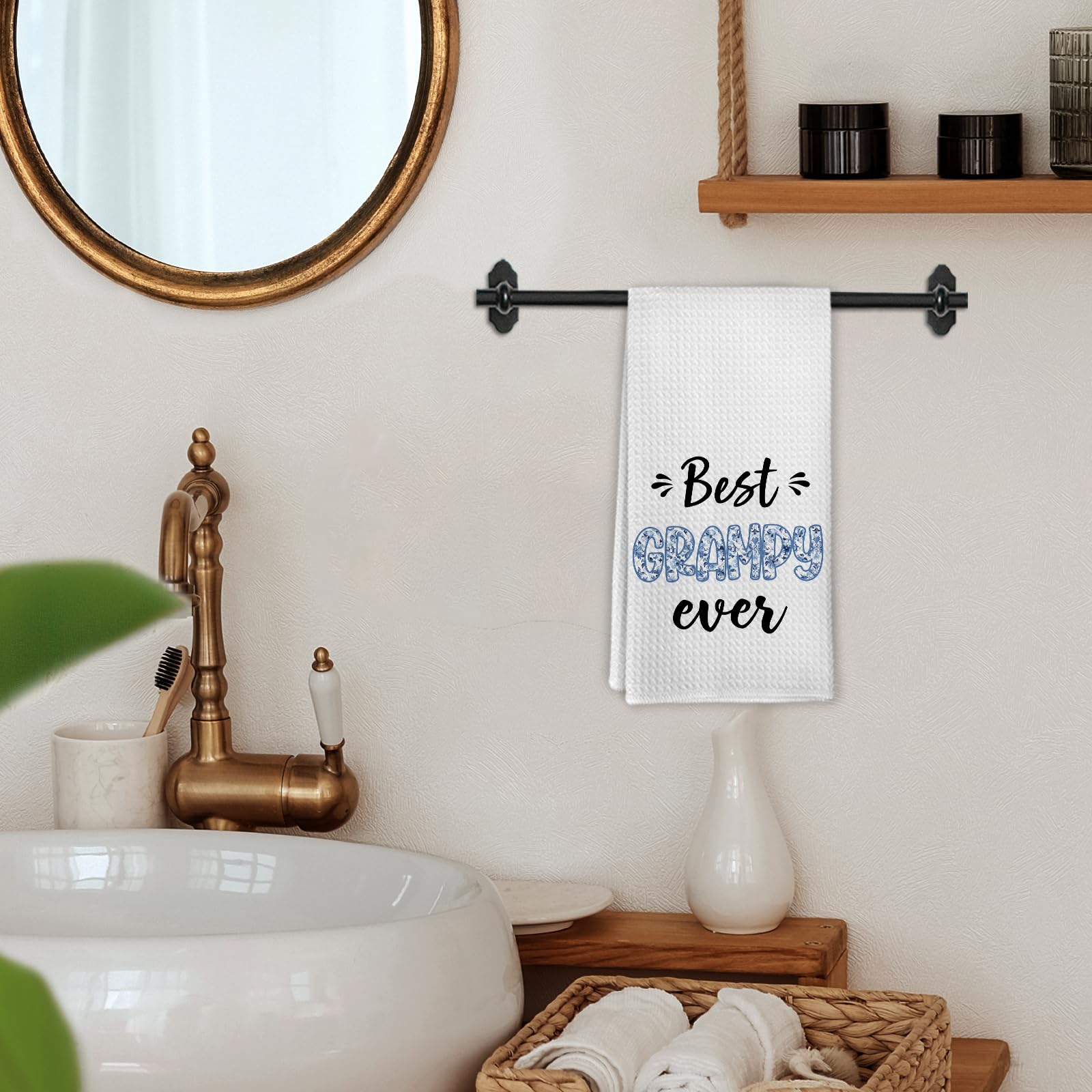 Best Grampy Ever Fathers Day Birthday Gifts Hand Towels for Grampy Grandpa from Grandkids, Chinoiserie Blue and White Grandpa Gifts Kitchen Dish Tea Towels for Bathroom Kitchen Decor, 16x24Inch