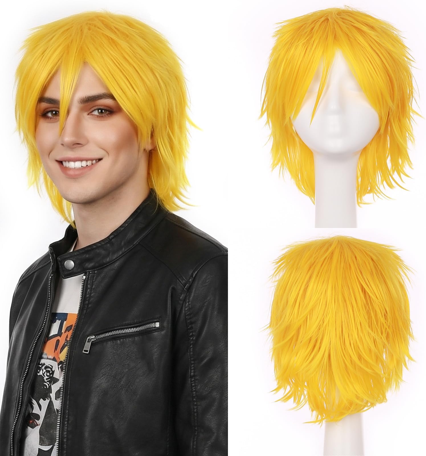 S-noilite Unisex Short Straight Cosplay Wig Anime Costume Hair Tail Full Wigs for Women Men Male Halloween Fancy Party,Yellow
