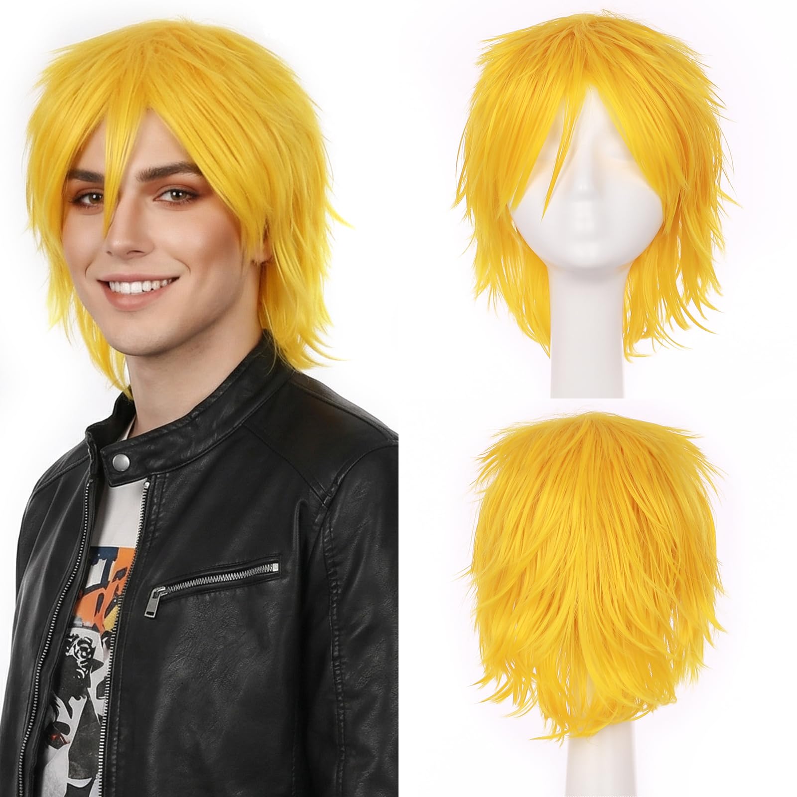 – S-noilite Unisex Short Straight Cosplay Wig Anime Costume Hair Tail Full Wigs for Women Men Male Halloween Fancy Party,Yellow