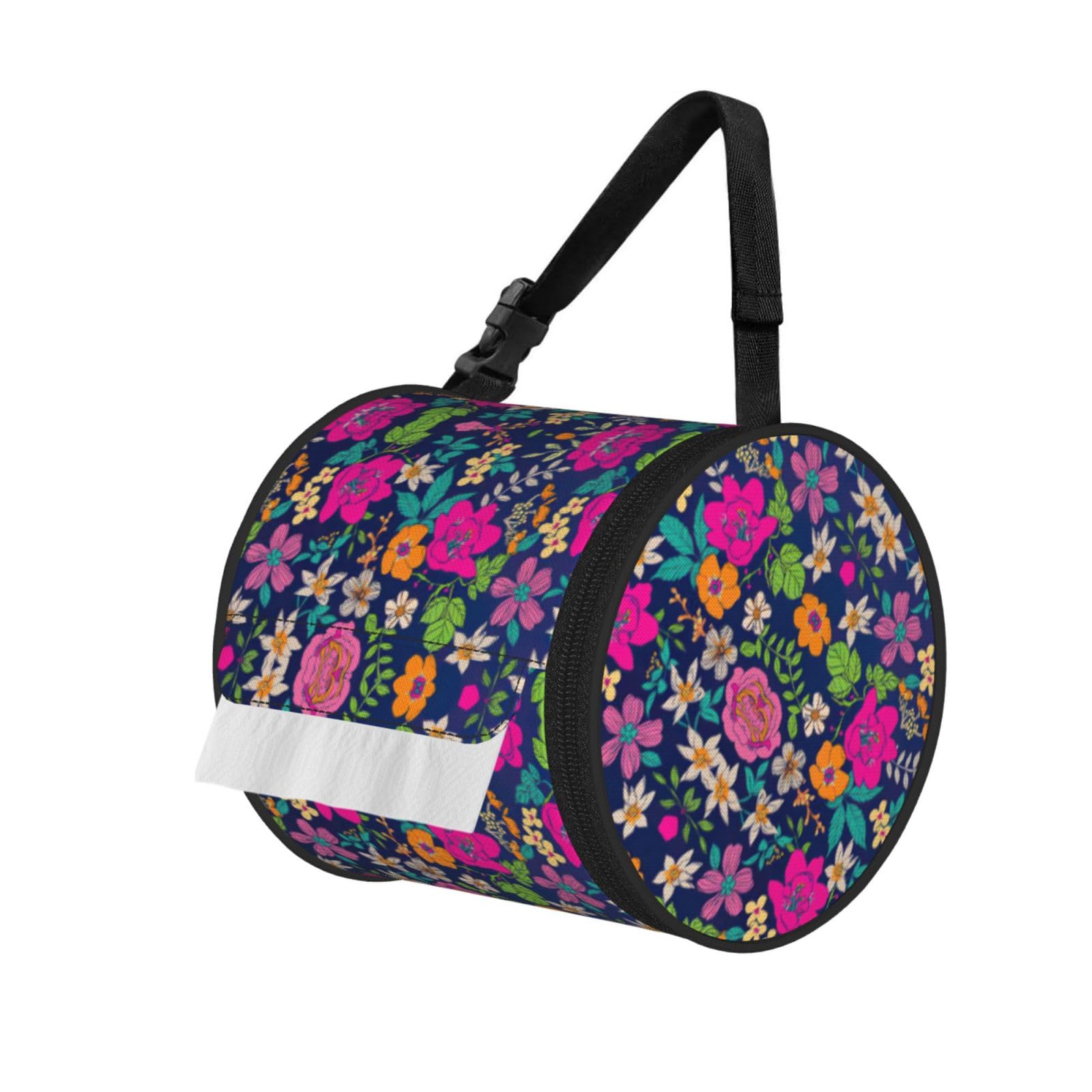 Flowers Print Round Tissue Dispenser Bag With Carry Strap, Portable Roll Holder For Car Travel Home