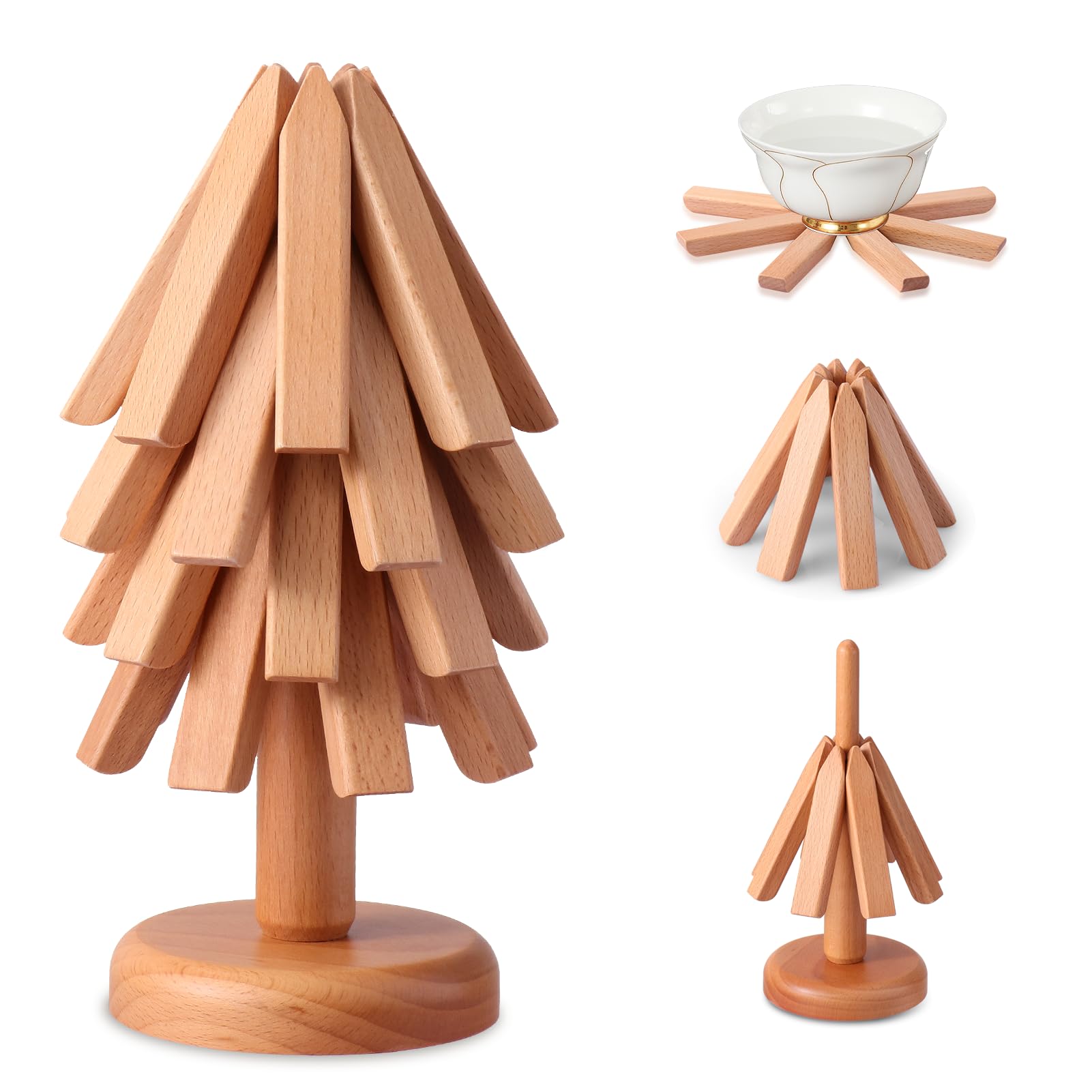Set di 4 sottopentola in legno per piatti caldi, a forma di albero