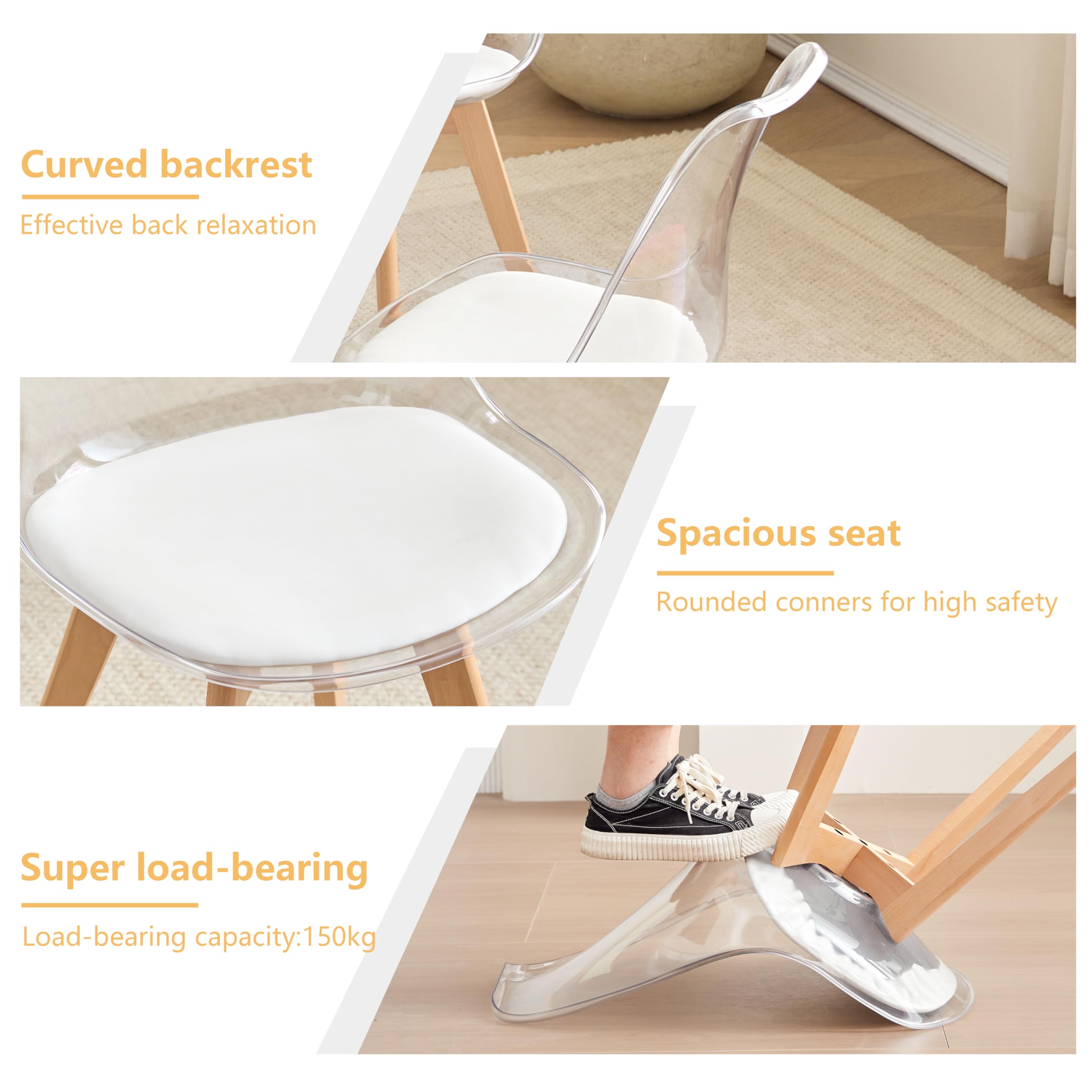 GrandCA HOME Transparente Sillas de Comedor Tapizadas en Tela,Nordicas Sillas Pack 4 para Cocina Comedor Dormitorio (Pack 4, Blanco/Cuero)