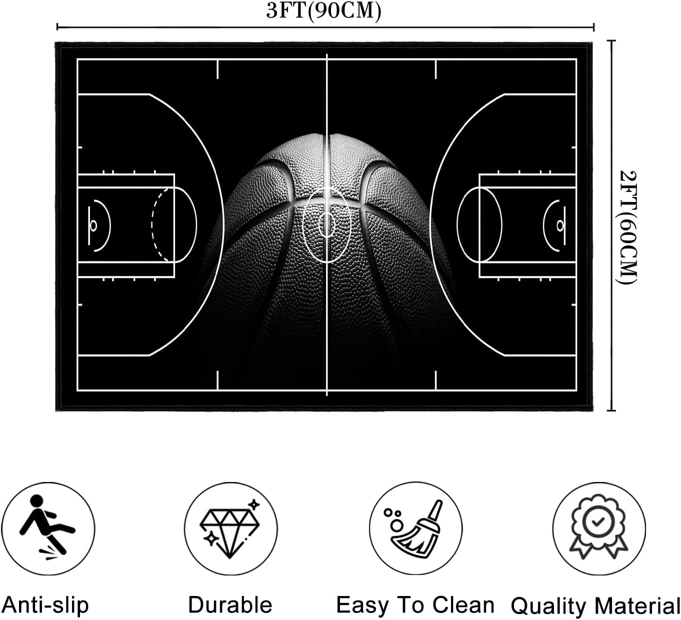 Basketball Rug 2x3 Small Area Rugs Sports Entryway Rugs Machine Washable Door Mat Indoor Entrance Ultra-Thin Soft Basketball Court Rug Black Non-Slip Low Pile Throw Rugs for Boys Bedroom