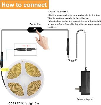 COB LED Strip Light 3M,Dimmable Dotless LED Strip with Touch Controller,Warm White 3000K with Power Supply,8mm Wide,CRI>90 24V LED Band for Indoor Room,Kitchen,Bookshelf,Mirrors [Energy Class D]