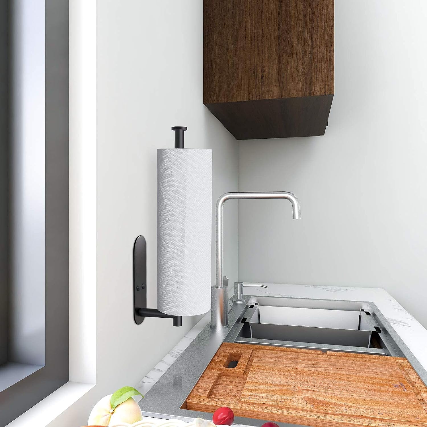 Oxdigi Paper Towel Holder Under Kitchen Cabinet Wall Mounted, Paper Towel Rack Self Adhesive or Drilling for Kitchen Bathroom Sink, Stainless Steel Rust Resistant, Matte Black, 13.4 inch