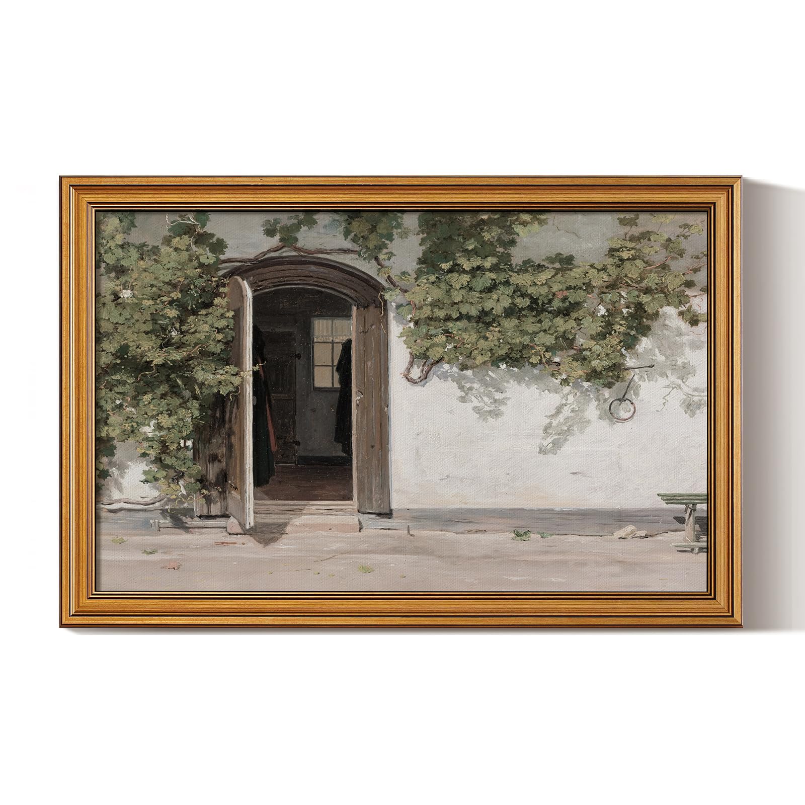 WHASAYART Gold Framed Vintage Wall Art Vineman Climbing The Walls Farmhouse Wall Decor Opening Door Oil Painting Picture Canvas Print Art Home Decor Aesthetic for Bedroom Bathroom Office 16x24in