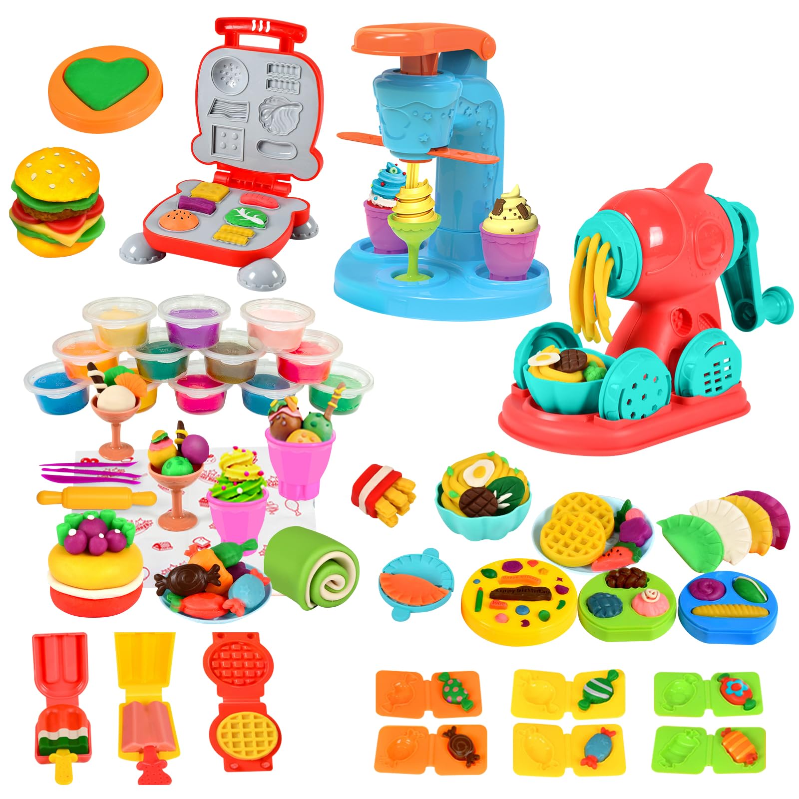 YATOSEEN 3 in 1 Play Color Dough Set, Ice Cream Noodle Hamburger Maker Machine, Kitchen Creations Food Toys, Dough Tools Kit with 12 Colors Dough for Kids Ages 3+