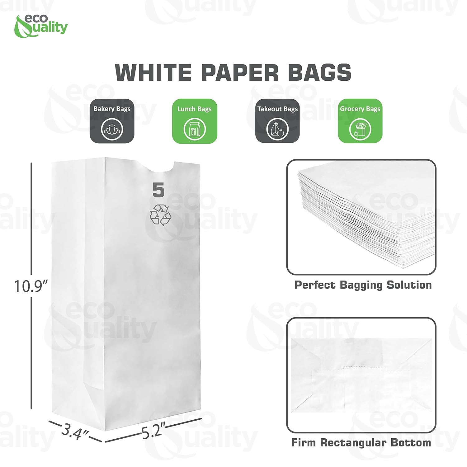 Paper Lunch Bags 5 Lb White Paper Bags 5LB Capacity - Kraft White Paper Bags, Bakery Bags, Candy Bags, Lunch Bags, Grocery Bags, Craft Bags - #5 Medium Lunch Paper Bags / Kraft Paper Sacks by EcoQuality (100, #5 - 5LB)