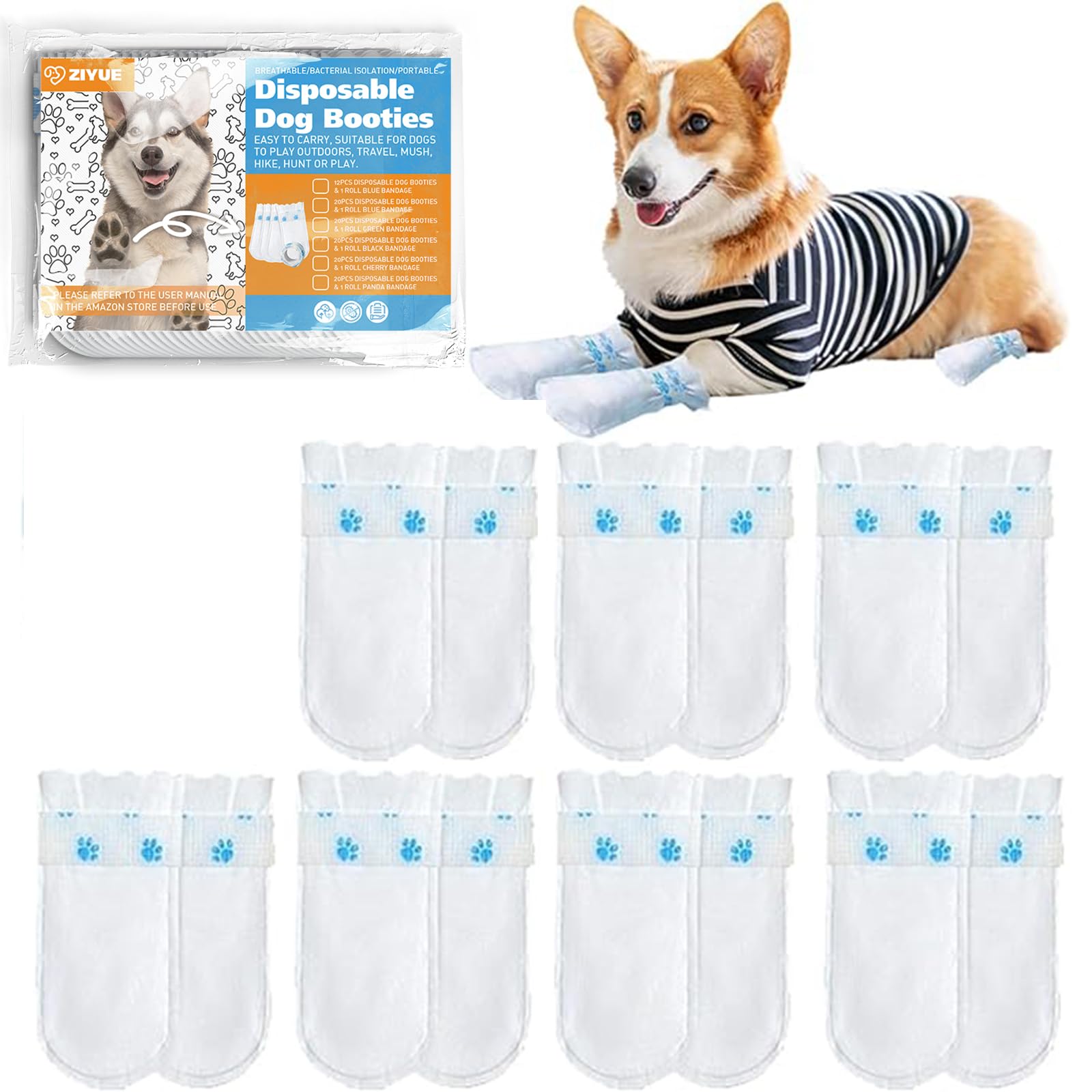ziyue 12Pcs Disposable Dog Booties for Paw Protection Dogs Feet Covers Pet Shoes for Dogs Paw Wound Recovery Protectors with 1 Roll Dog Bandage for