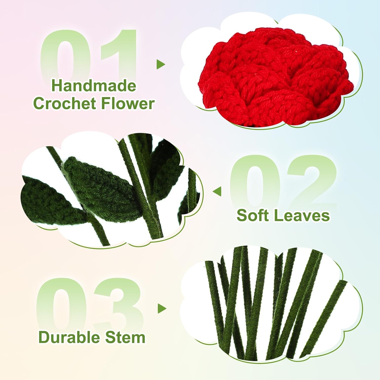 MECCANIXITY Crochet Flowers Handmade Knitting Rose Artificial Woven Small Potted with Stems for Valentine's Gifts Home Wedding Party Office Table Decor, Red Count 10