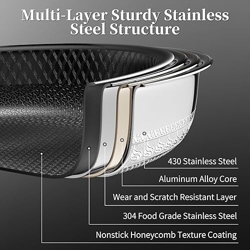 Miniatura 5 de Sartén antiadherente con tapa, sartén híbrida de acero inoxidable de tres capas de 10 pulgadas, sartén antiadherente de cerámica de titanio, sin