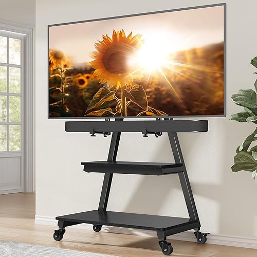 Perlegear - Soporte móvil para TV con soporte para barra de sonido, soporte de TV con ruedas para piso para televisores de 43 a 83 pulgadas hasta