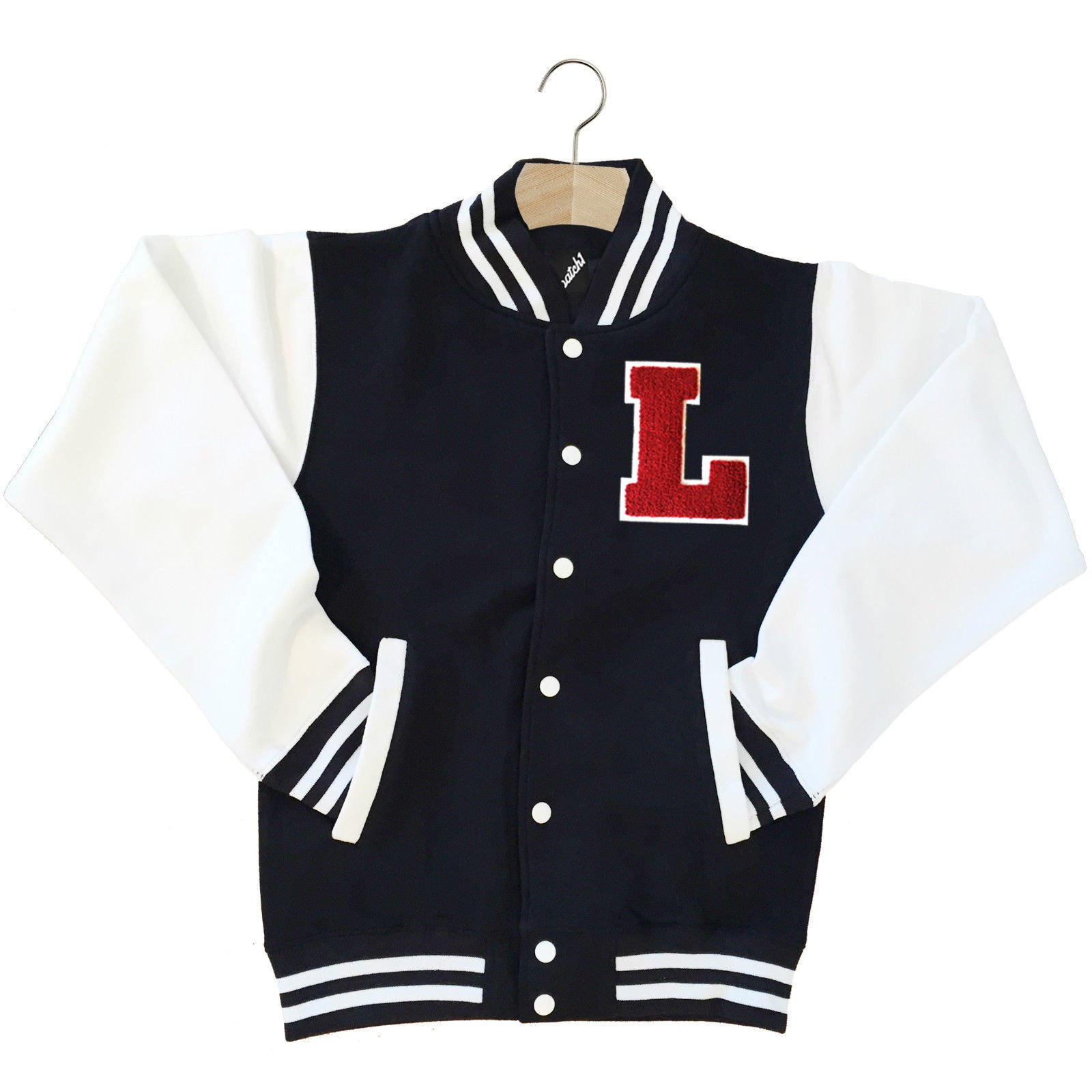 Batch1 Men's Black Varsity Baseball Jacket Unisex Personalised With Genuine Us College Letter , ) Xxl