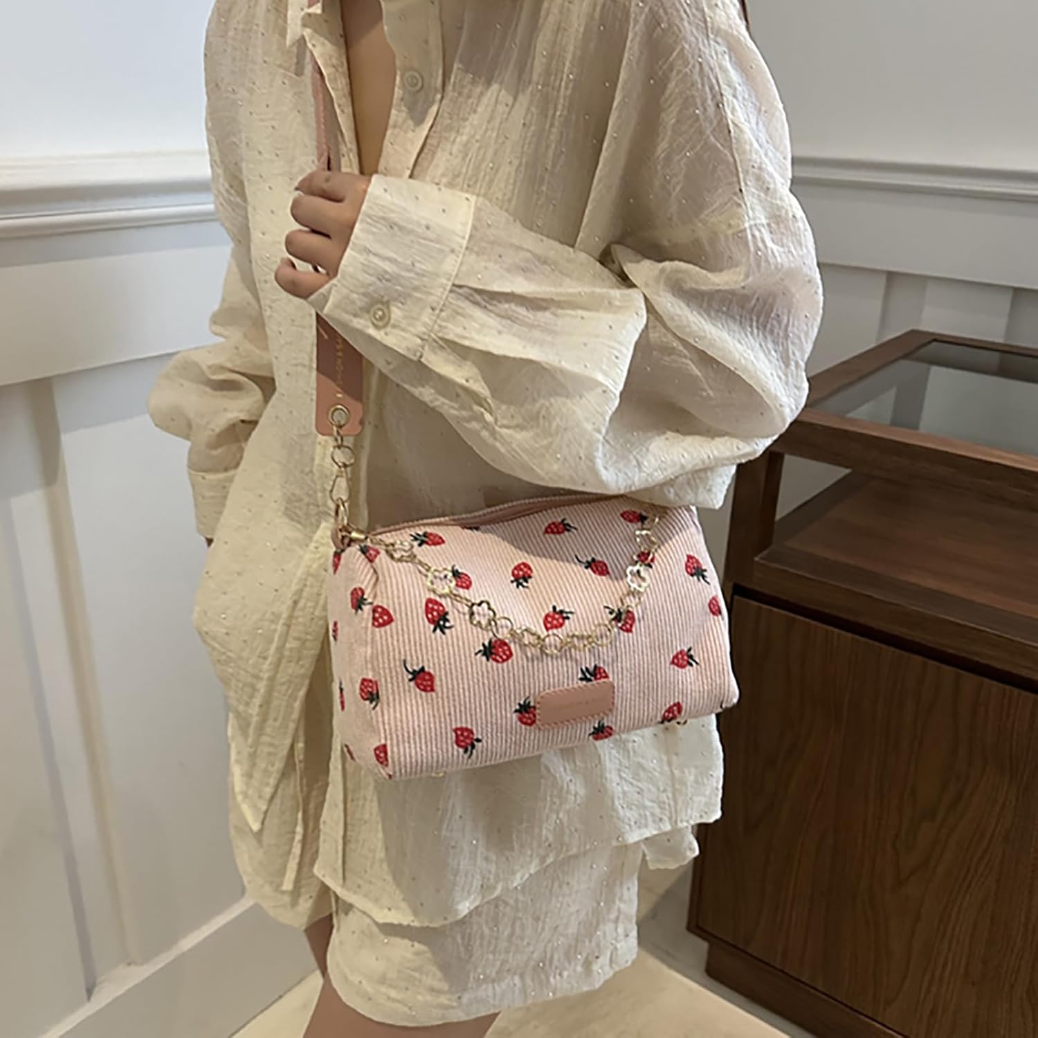 Cute Crossbody Bag for Women Strawberry Purse Corduroy Tote Bag Fashion Chain Aesthetic Handbags Travel Bags - Image 3