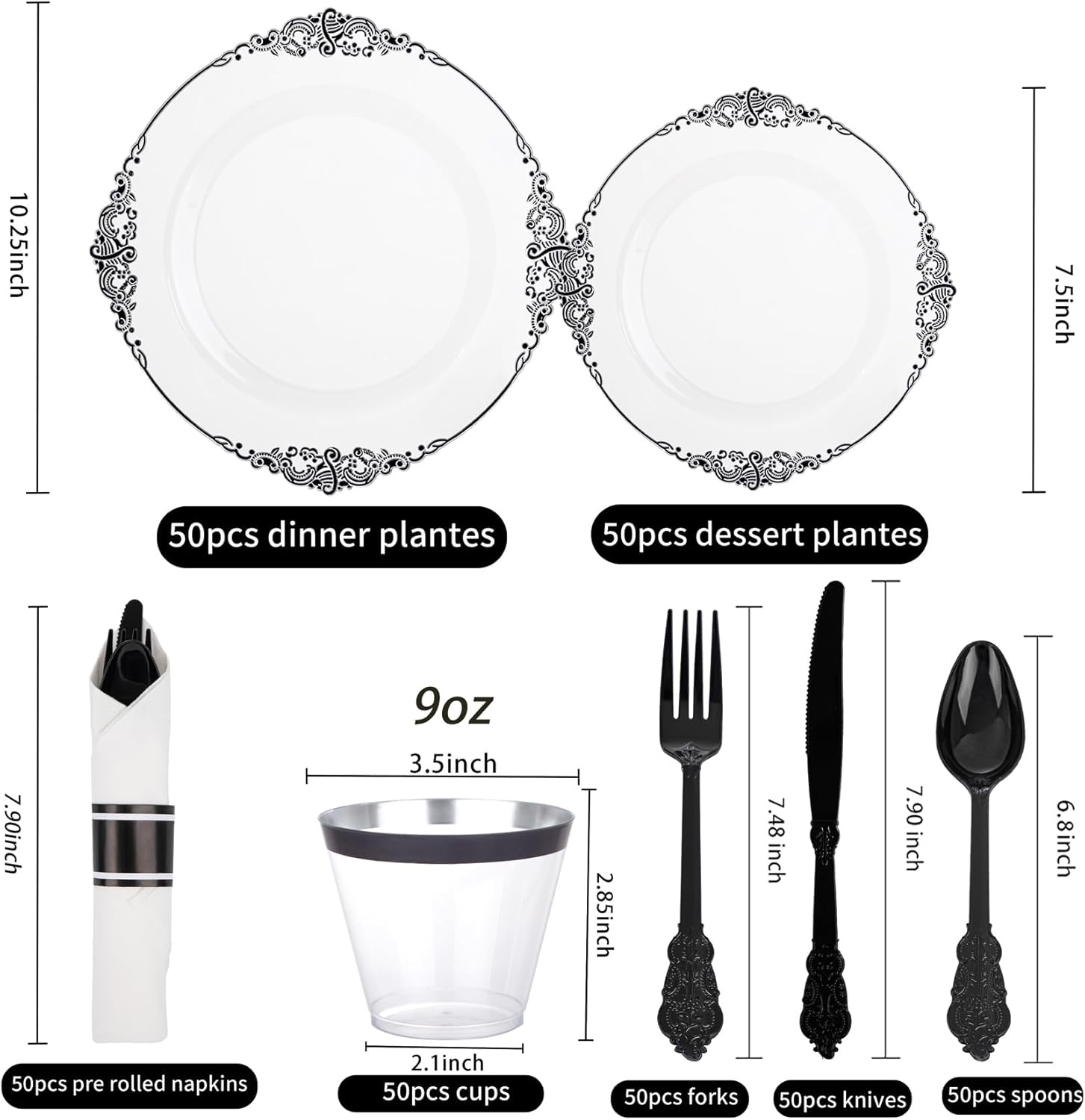 Hioasis 350pcs Clear and Black Plates - Black Party Plates for 50 Guest, Include 100 Heavy-duty Plates(20% Thicker Than Standard), 50 Pre Rolled Gold Plastic Silverware Set, 50 Cups - Image 5