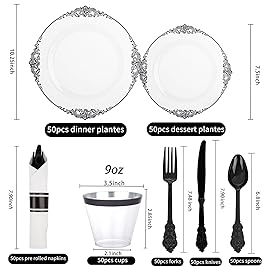 Hioasis 350pcs Clear Black Plastic Plates - Elegant Disposable Dinnerware Set Suitable for 50 Guests Include 10.25 Dinner & 7.5 Dessert Plates, Pre Rolled Silverware Set, Cups for Party & Wedding