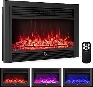 COSTWAY Electric Fireplace Inserts 33-inch Wide, 750W/1500W Wall Recessed and Freestanding Fireplace with 3 Flame Colors, 5 Brightness Settings, 8H Timer, Remote Control, Heater for Indoor Use