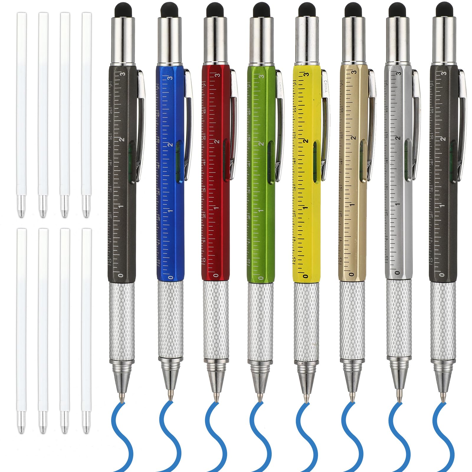 8 Pieces Blue Ink Multi Tool Tech Pen Gift Pen for Men Dad Screwdriver Pen with Ruler 6 in 1 Ballpoint Pen and Pen Refills (Multicolor)