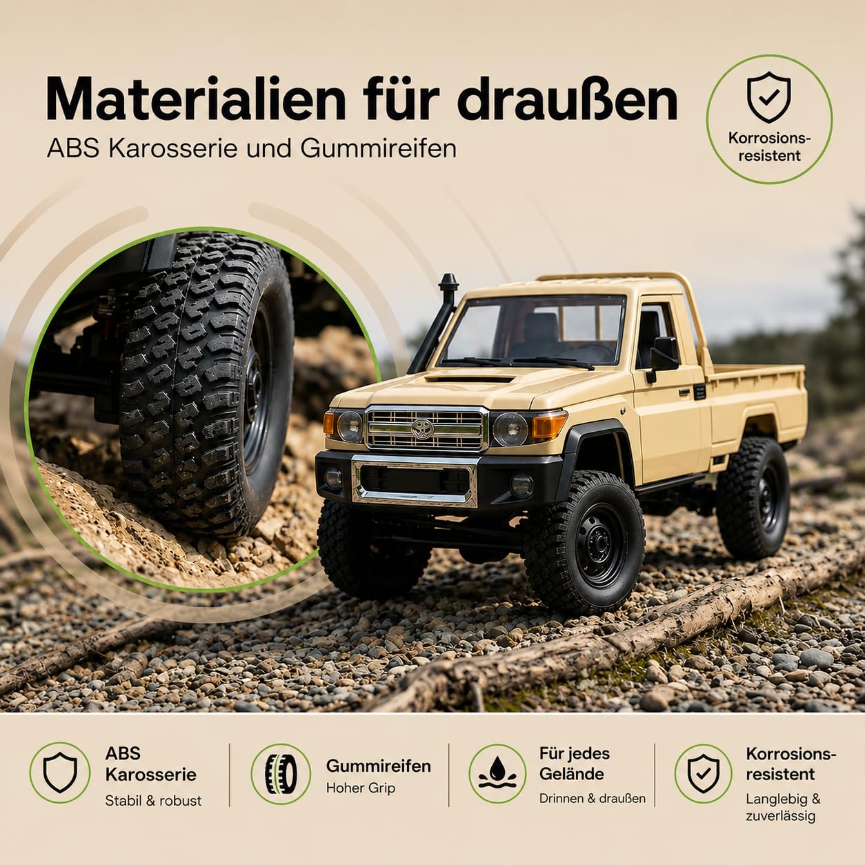 Toyota Land Cruiser | zdalnie sterowany samochód RC 1:12 | 4WD Crawler Pickup | sterowanie 2,4 GHz 100 m | światło LED | Li-Ion 7,4 V 500 mAh 30 min | kompletny zestaw RTR | bateria