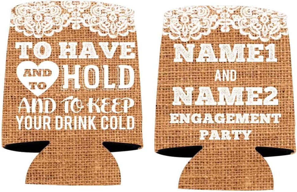 Custom Engagement Party Can Coolers – “To Have and To Hold” Burlap Design – Personalized Wedding Favors – Set of 25 – Rustic Bridal Shower & Engagement Celebration Drink Sleeves – VictoryStore