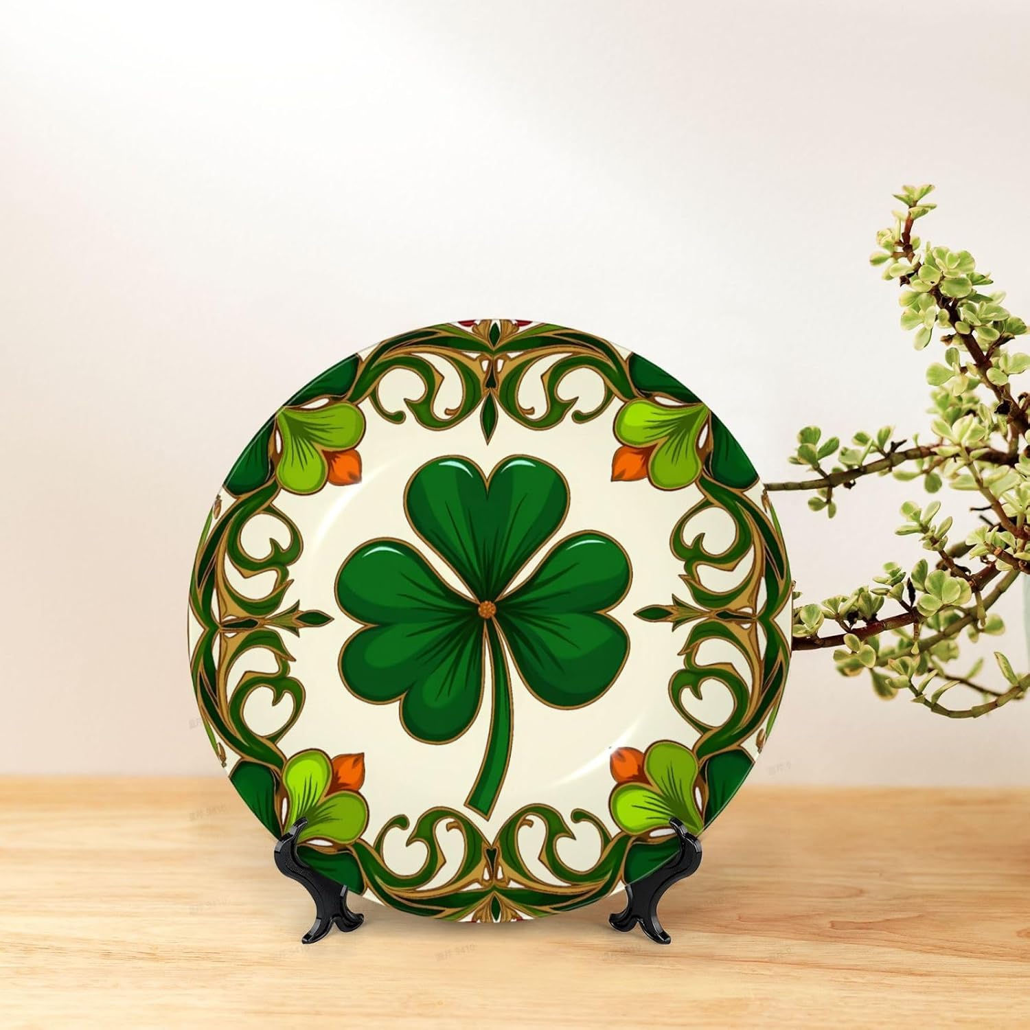 St Patricks Pattern Style Ceramic Plate Display Decorative Plate With Stand Wall Hanging Plate For Home Decor 10 Inch
