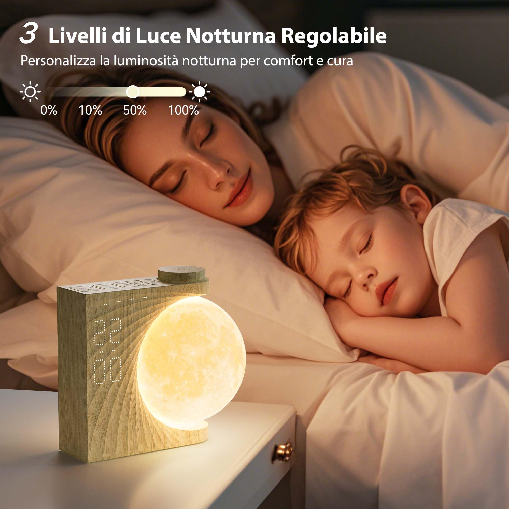 Lampada Luna 2025 - Versione Rotante Avanzata, RGB 8 Colori, Sveglia da comodino con 2 Allarmi, Wake-up Light 10 Suoni Naturali, 3 Livelli Luminosità Luci Notturne, Regalo Perfetto per Donne e Bambini
