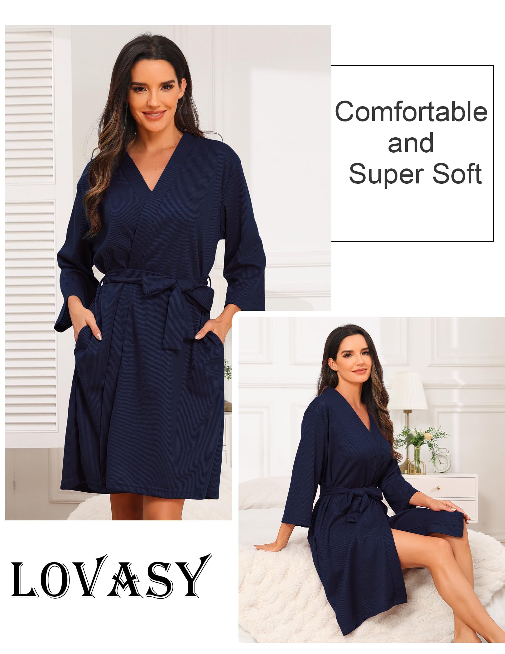 Lovasy Albornoces De Casa Mujer Manga 3/4 Kimono Waffle Albornoz para Mujer Nido Abeja Respirable Ropa De Dormir Con Cinturón Y Bolsillos