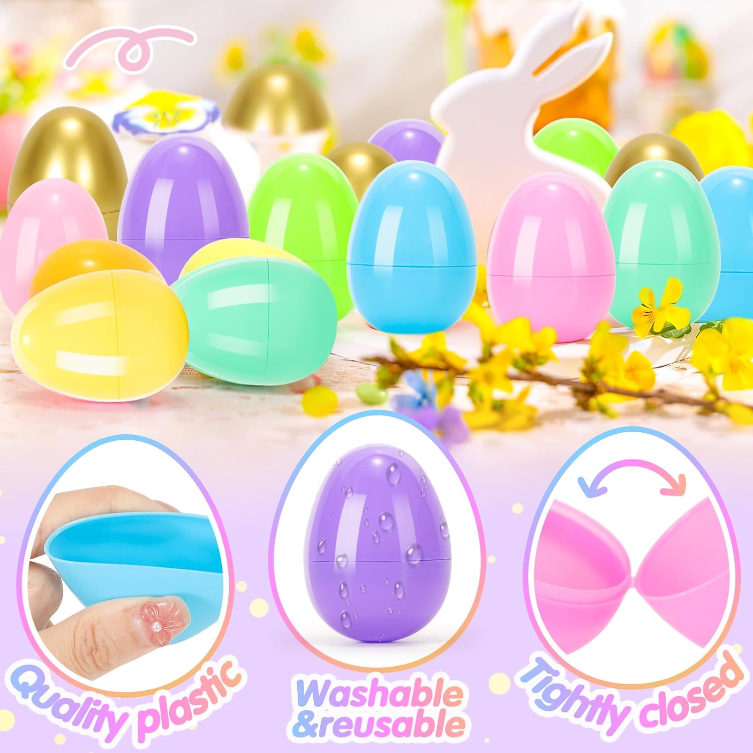 SevenQ Plastic Easter Eggs Fillable, 100Pcs 2.4" Empty Colorful and Golden Eggs for Easter Basket Stuffers Gifts for Kids Party Favors Pinata Treasure Box Toys Classroom Goodie Bags Egg Hunt Supplies