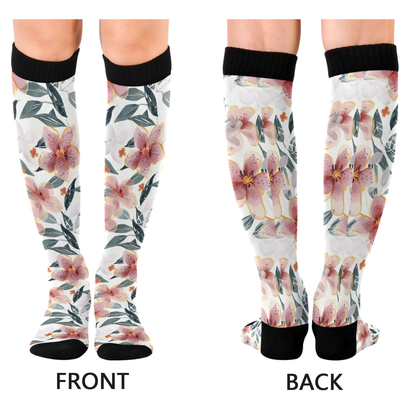 ALAZA Athletic Compression Socks Knee High Socks Stockings for Women Botanical Flowers Running Circulation Sport Football