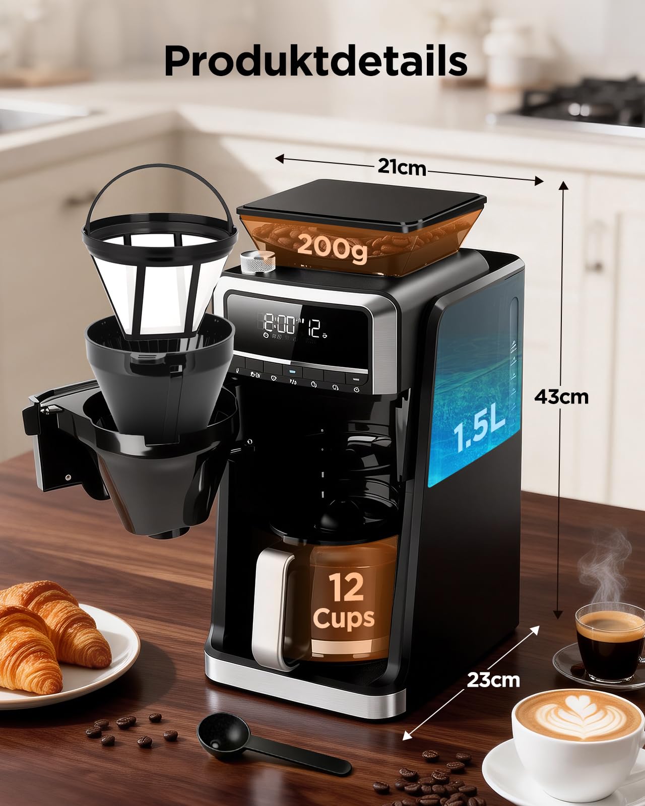Aigostar Kaffeemaschine mit Mahlwerk, 7 Mahlgrade, 3 Aroma-Stufen, Schwarz
