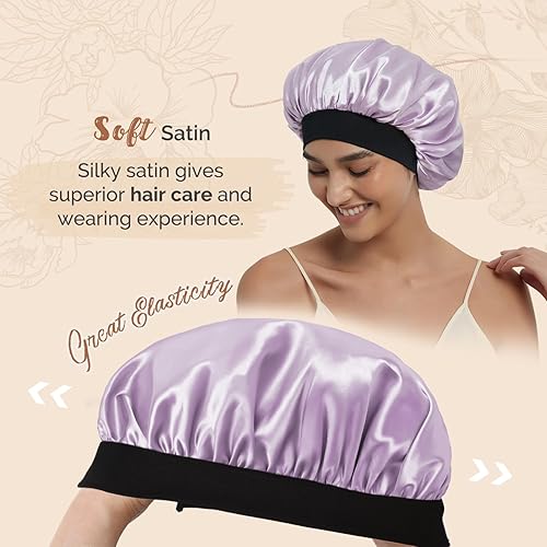Vista 25 de Hat Hut Gorro de satén de seda para dormir para mujer, gorro de pelo para cabello rizado, banda ancha ajustable, doble capa Azul ceniza